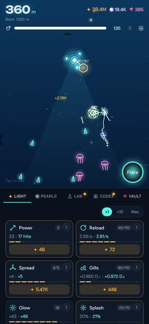 A dive in Lumen Deep: the light surrounded by glowing jellyfish, with upgrades below
